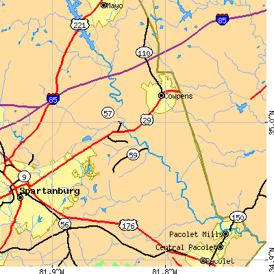 Zip code 29307 close-up map