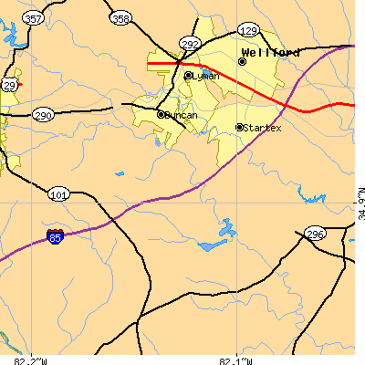 Zip code 29334 close-up map