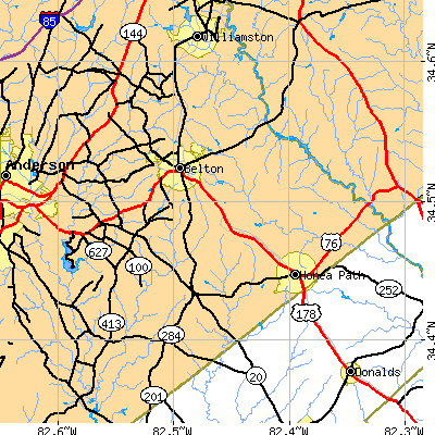Zip code 29627 close-up map