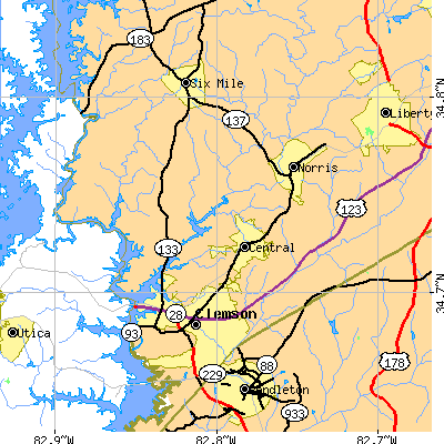 Zip code 29630 close-up map