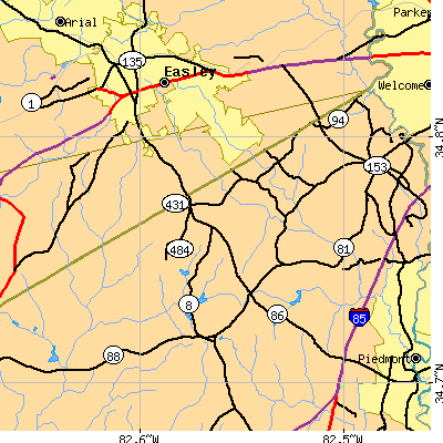 Zip code 29642 close-up map