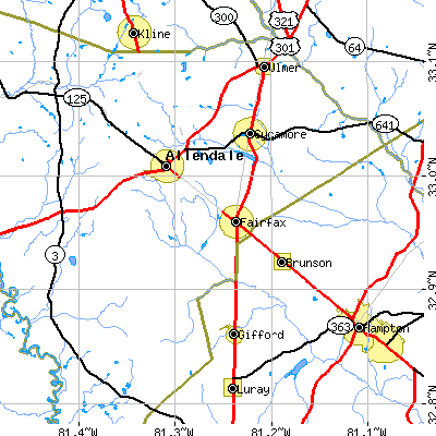 Zip code 29827 close-up map