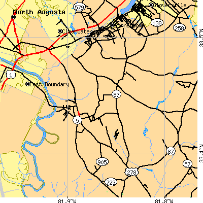 Zip code 29842 close-up map