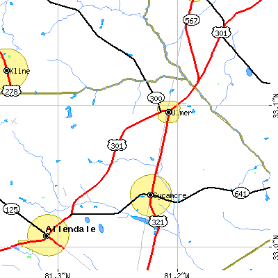 Zip code 29849 close-up map