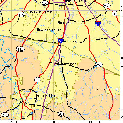 Zip code 37027 close-up map