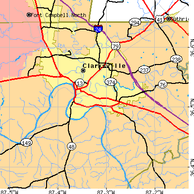 Zip code 37040 close-up map