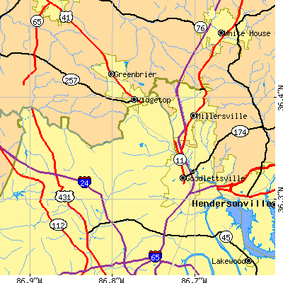 Zip code 37072 close-up map