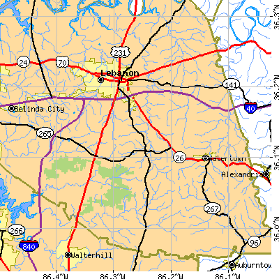 Zip code 37090 close-up map