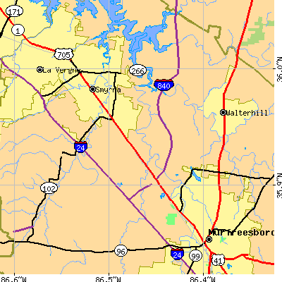Zip code 37129 close-up map