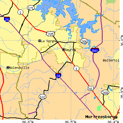 Zip code 37167 close-up map