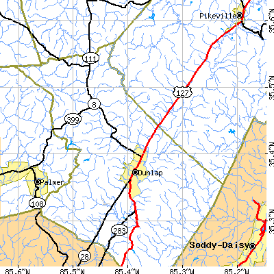 Zip code 37327 close-up map