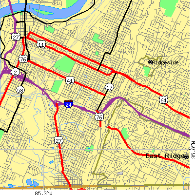 Zip code 37404 close-up map