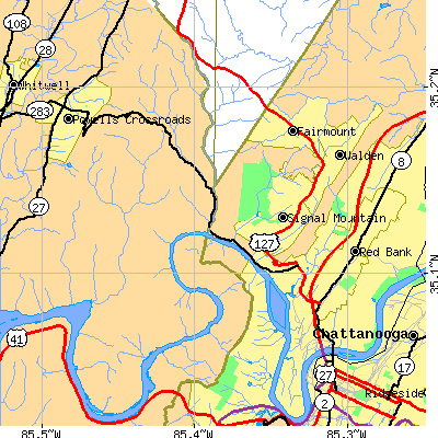 Zip code 37405 close-up map