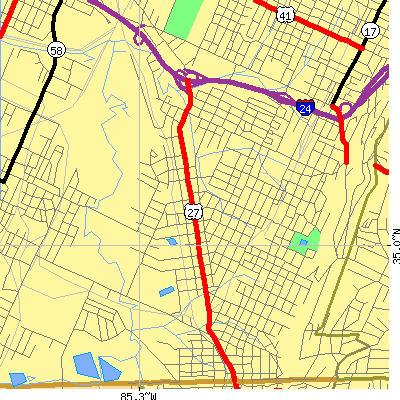 Zip code 37407 close-up map