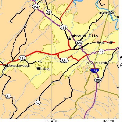 Zip code 37604 close-up map