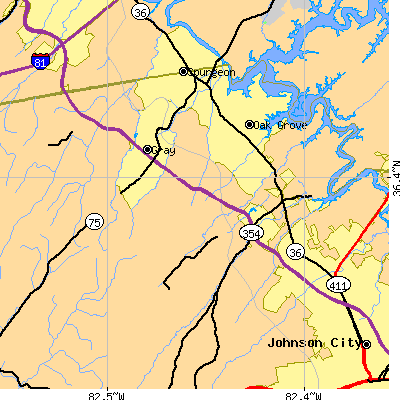 Zip code 37615 close-up map