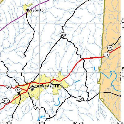 Zip code 37616 close-up map