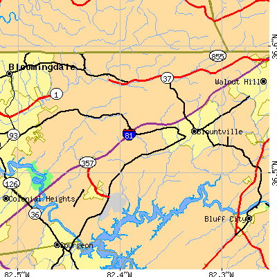 Zip code 37617 close-up map