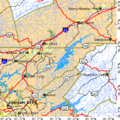 Zip code 37620 close-up map