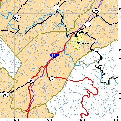 Zip code 37650 close-up map