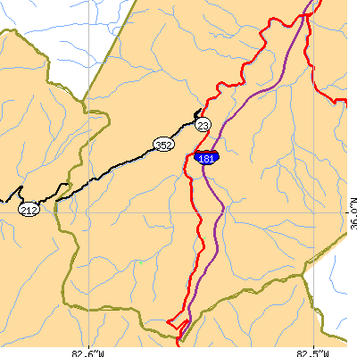 Zip code 37657 close-up map