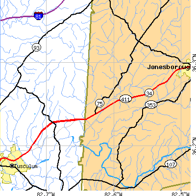 Zip code 37681 close-up map