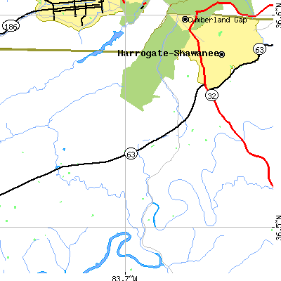 Zip code 37724 close-up map