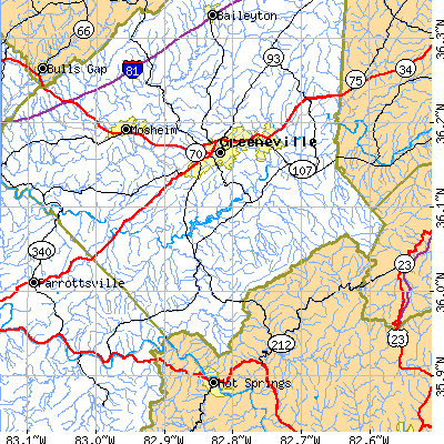 Zip code 37743 close-up map