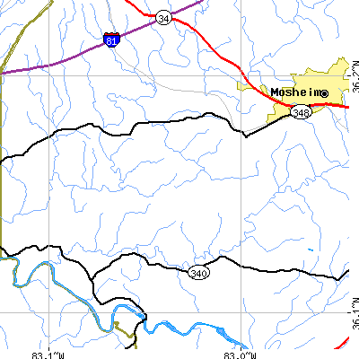 Zip code 37809 close-up map