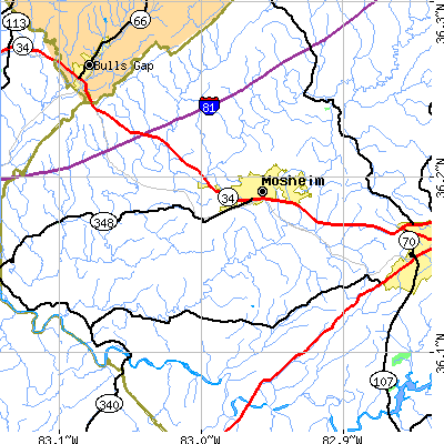 Zip code 37818 close-up map