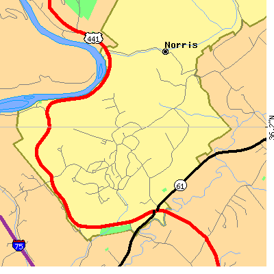 Zip code 37828 close-up map