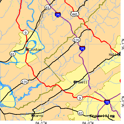 Zip code 37849 close-up map