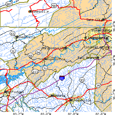 Zip code 37857 close-up map