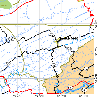 Zip code 37869 close-up map