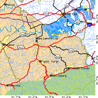Zip code 37876 close-up map