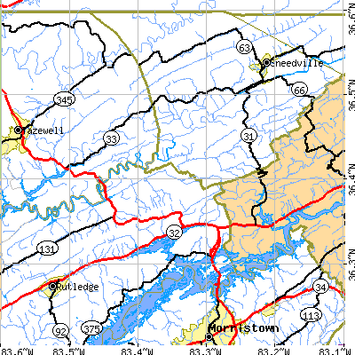 Zip code 37881 close-up map