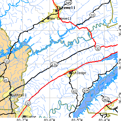 Zip code 37888 close-up map