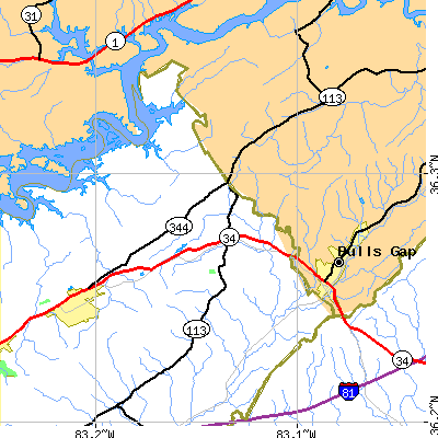 Zip code 37891 close-up map