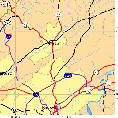 Zip code 37918 close-up map