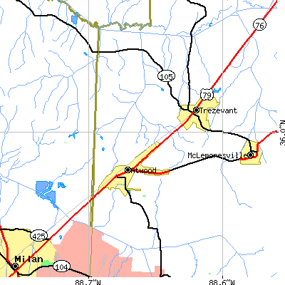 Zip code 38220 close-up map
