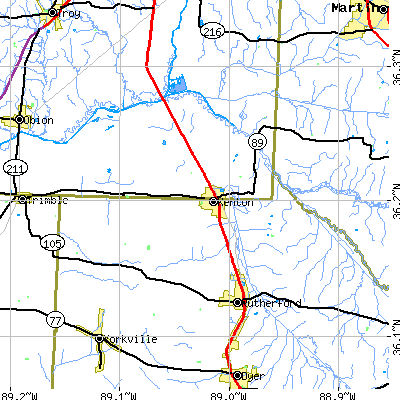 Zip code 38233 close-up map