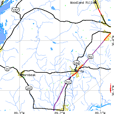 Zip code 38260 close-up map