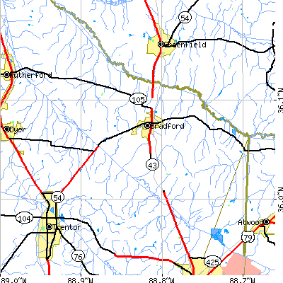 Zip code 38316 close-up map