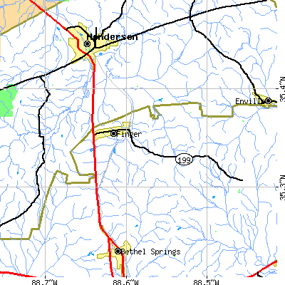 Zip code 38334 close-up map