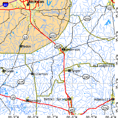 Zip code 38340 close-up map