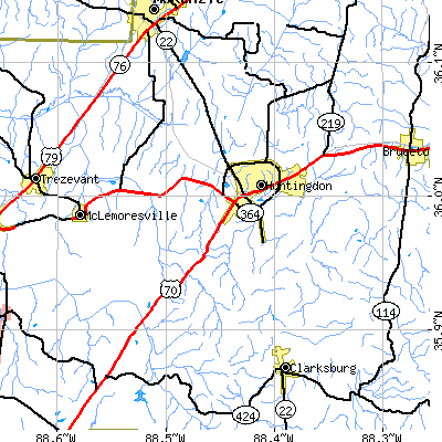 Zip code 38344 close-up map
