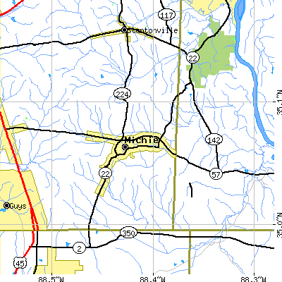 Zip code 38357 close-up map