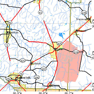 Zip code 38358 close-up map