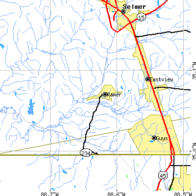Zip code 38367 close-up map