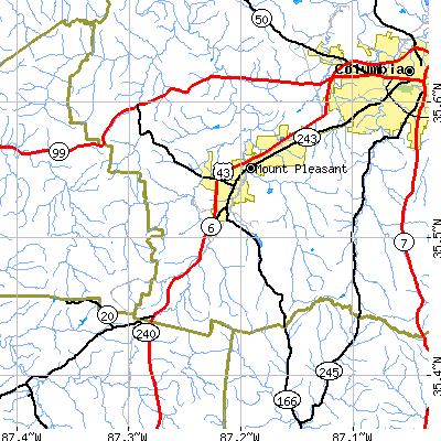 Zip code 38474 close-up map